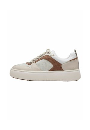 Women's sneaker featuring a mix of beige and brown materials, a textured mesh upper, and a thick white platform sole. Round laces and a heel tab.
