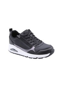 Chaussure de sport noire avec une tige texturée, dotée de perforations, d'une fermeture éclair sur le côté et d'une semelle intermédiaire blanche avec un design à coussin d'air.