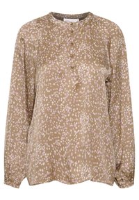 Brown long-sleeve blouse with a round neckline, pink and white polka dot pattern, and seven button placket at the front. Smooth fabric texture.
