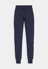Marineblaue Slim-Fit-Sweatpants mit gerippten Bündchen und Bund, verstellbarem Kordelzug und kleinem Logo am linken Hüftbereich.