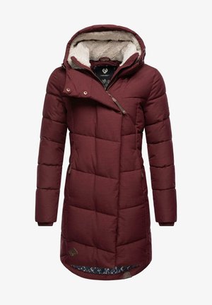 Burgundy puffer coat with a hood, quilted design, textured interior lining, and front zip closure; features an angled chest pocket and logo accent.