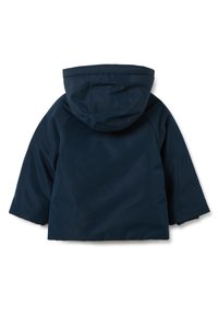 Marineblaue, kapuzenjacke mit glatter Textur und kurzen Ärmeln, die eine lockere Passform aufweist und keine sichtbaren Metallteile oder Muster hat.