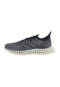 Black and gray athletic shoe with a knit upper, textured patterns, and a distinctive white lattice midsole design.
