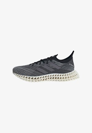Black and gray athletic shoe with a knit upper, textured patterns, and a distinctive white lattice midsole design.