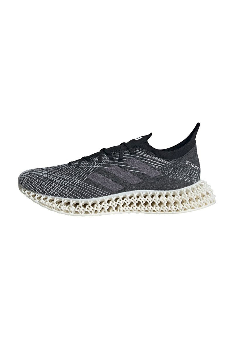 Black and gray athletic shoe with a knit upper, textured patterns, and a distinctive white lattice midsole design.