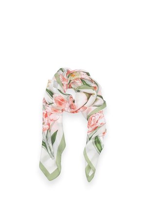 Sciarpa bianca con bordo verde con motivi floreali rosa e verdi, piegata in modo sciolto su sfondo bianco.