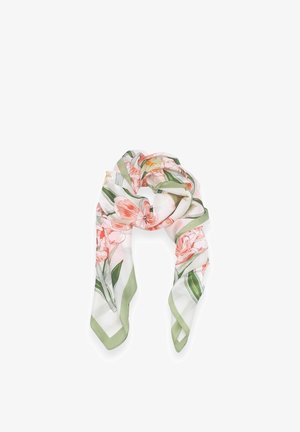 Sciarpa bianca con bordo verde con motivi floreali rosa e verdi, piegata in modo sciolto su sfondo bianco.