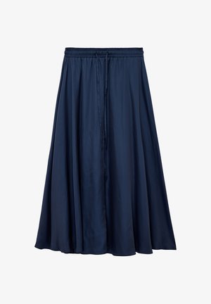 Marineblauwe A-lijn midi-rok met geplooide elastische tailleband en trekkoord, gemaakt van glad, vloeiend stof.