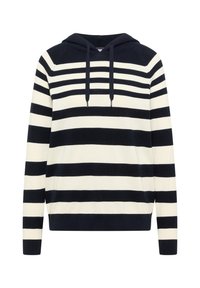 Hoodie en maille rayé marine et blanc avec manches longues et cordons à capuche, présentant des rayures horizontales épaisses et fines alternées.