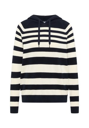 Hoodie en maille rayé marine et blanc avec manches longues et cordons à capuche, présentant des rayures horizontales épaisses et fines alternées.