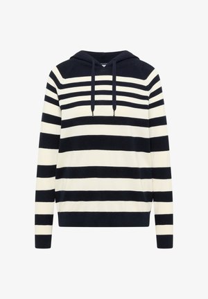 Hoodie en maille rayé marine et blanc avec manches longues et cordons à capuche, présentant des rayures horizontales épaisses et fines alternées.