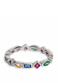 Hopeaketju hopean värisestä materiaalista, jossa on vuoroin vaihtuvia geometrisia muotoja, ja joissa on upotettuja monivärisiä kiviä purppurana, vihreänä, oranssina ja sinisenä. Pinta on sileä.