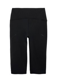 Pantaloni sportivi neri alla lunghezza del ginocchio con una superficie liscia, design a vita alta e accenti riflettenti discreti sui lati.