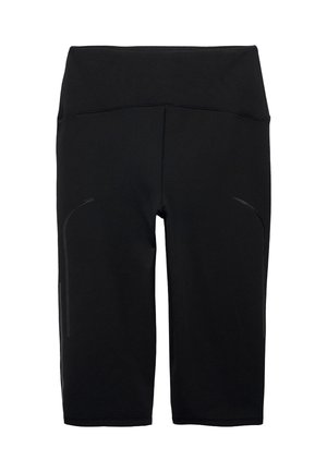 Pantaloni sportivi neri alla lunghezza del ginocchio con una superficie liscia, design a vita alta e accenti riflettenti discreti sui lati.