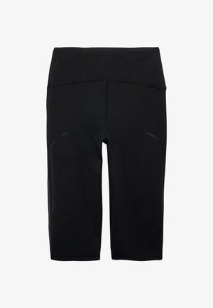Pantalones cortos deportivos negros hasta la rodilla con una textura suave, diseño de cintura alta y sutiles acentos reflectantes en los lados.