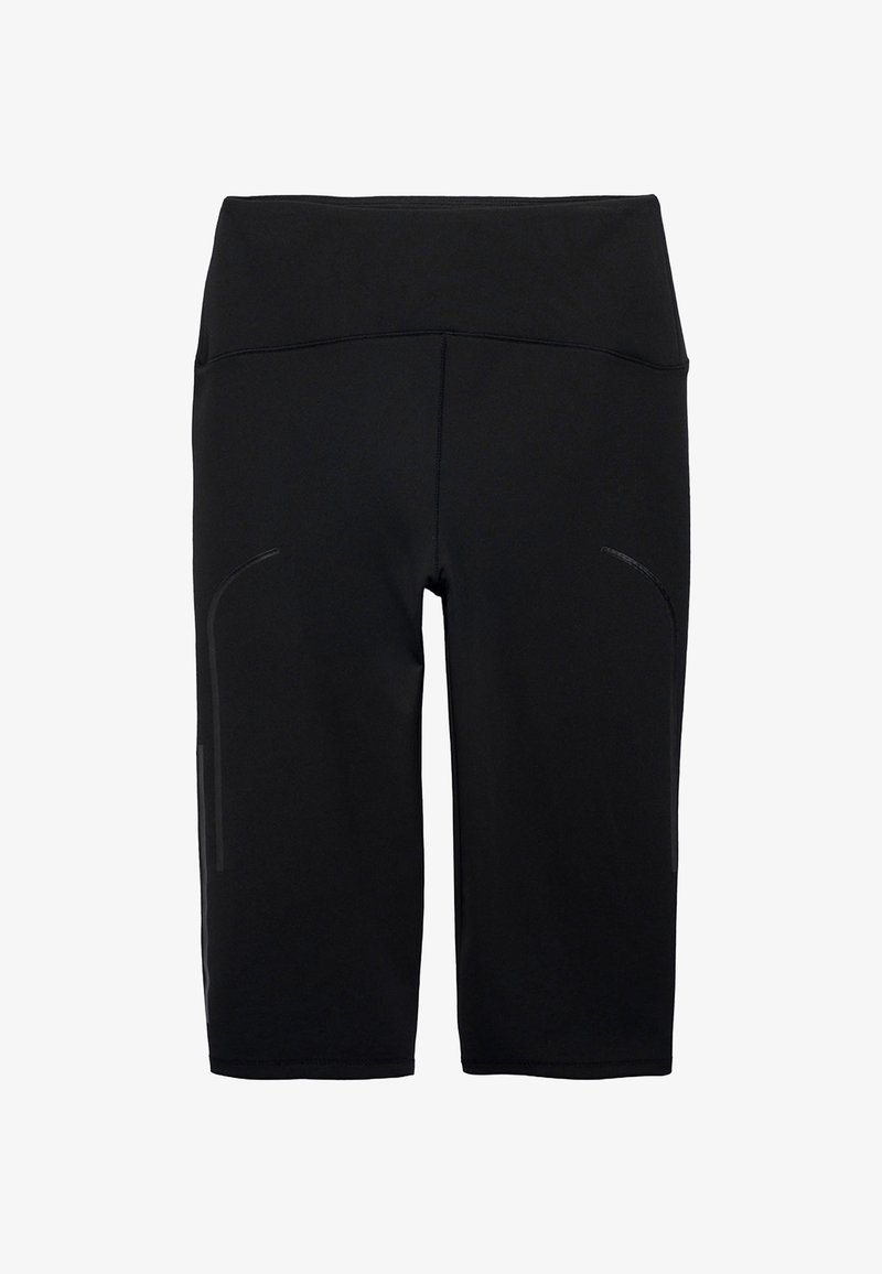 Sorte, knælange atletiske shorts med en glat tekstur, høj taljedesign og diskrete reflekterende detaljer på siderne.
