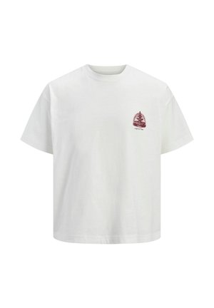 T-shirt blanc à manches courtes avec un petit graphisme bordeaux représentant une fontaine et du texte sur le côté gauche de la poitrine, vue de face sur fond uni.