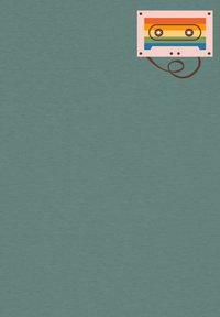 Design de cassette colorée avec un boîtier rose et des rayures arc-en-ciel, sur fond texturé teal. Un câble marron s'étend de la cassette.