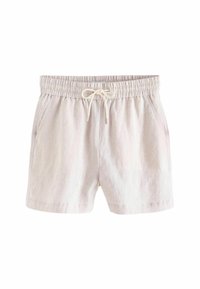 Helle beige Leinenshorts mit elastischem Bund und Kordelzug, zwei Seitentaschen und legerem Schnitt.