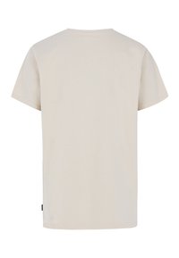 Beige Baumwoll-T-Shirt mit klassischem Rundhalsausschnitt und kurzen Ärmeln, geradem Schnitt und einem kleinen Etikett an der Seite.