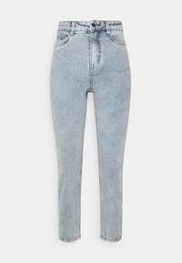 Modré džíny z denimu s vysokým pasem, úzkým střihem a zkrácenou délkou. Obsahují klasický design s pěti kapsami a zapínání na knoflík v pase.
