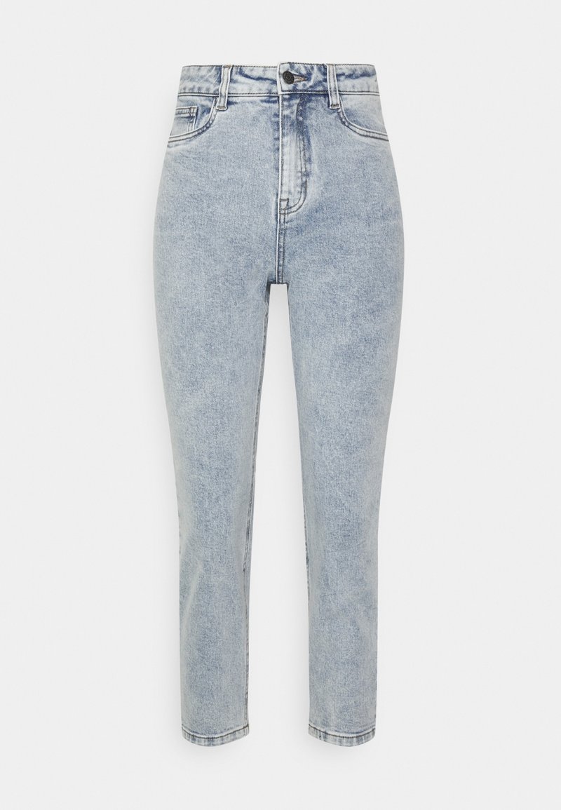 Blue denim jeans with a high waist, slim fit, and cropped length. Features classic five-pocket design and a button closure at the waist.