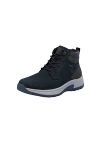 Herren-Ankle-Boots aus dunkelblauem Wildleder mit grauen Textil-Details, Schnürung an der Vorderseite, robuster Sohle und gepolstertem Schaftrand für zusätzlichen Komfort.