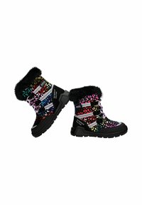 Bottes noires imperméables avec imprimé léopard coloré, col en fausse fourrure, lacets contrastants et semelles en caoutchouc texturées pour une meilleure adhérence.