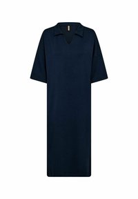 Navy blue, knee-length dress with a V-neck and short sleeves, made from soft fabric. Features a relaxed fit and no visible patterns or accents.