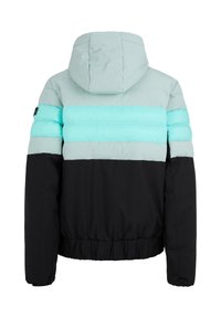 Padded jacket featuring a detachable hood, with a light blue and black color block design. Includes elastic cuffs and a cinched waist.