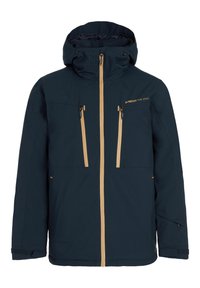 Giacca da sci di un blu scuro in materiale resistente all'acqua. Presenta cerniere color beige, un cappuccio, due tasche sul petto e polsini regolabili.