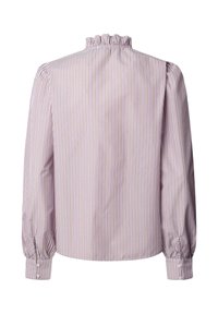 Long-sleeve blouse in white with thin purple stripes, featuring a ruffled neckline and buttoned cuffs. Smooth fabric with a tailored fit.