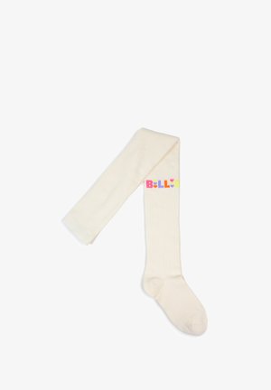 Crèmekleurige geribde sok met kleurrijke letters die "BILLY" spellen vlak bij de bovenkant, plat neergelegd op een witte achtergrond.