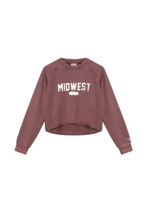 Sweatshirt cropped couleur marron foncé avec le texte "MIDWEST" en blanc vieilli, col rond et manches raglan. Fini avec un petit logo sur la manche.