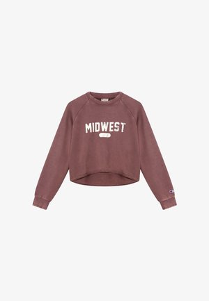 Sweatshirt cropped couleur marron foncé avec le texte "MIDWEST" en blanc vieilli, col rond et manches raglan. Fini avec un petit logo sur la manche.