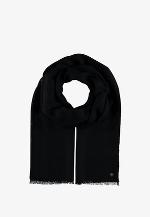 Écharpe noire en tissu doux, de couleur unie, avec des bords frangés et un petit logo. Elle a une forme rectangulaire.