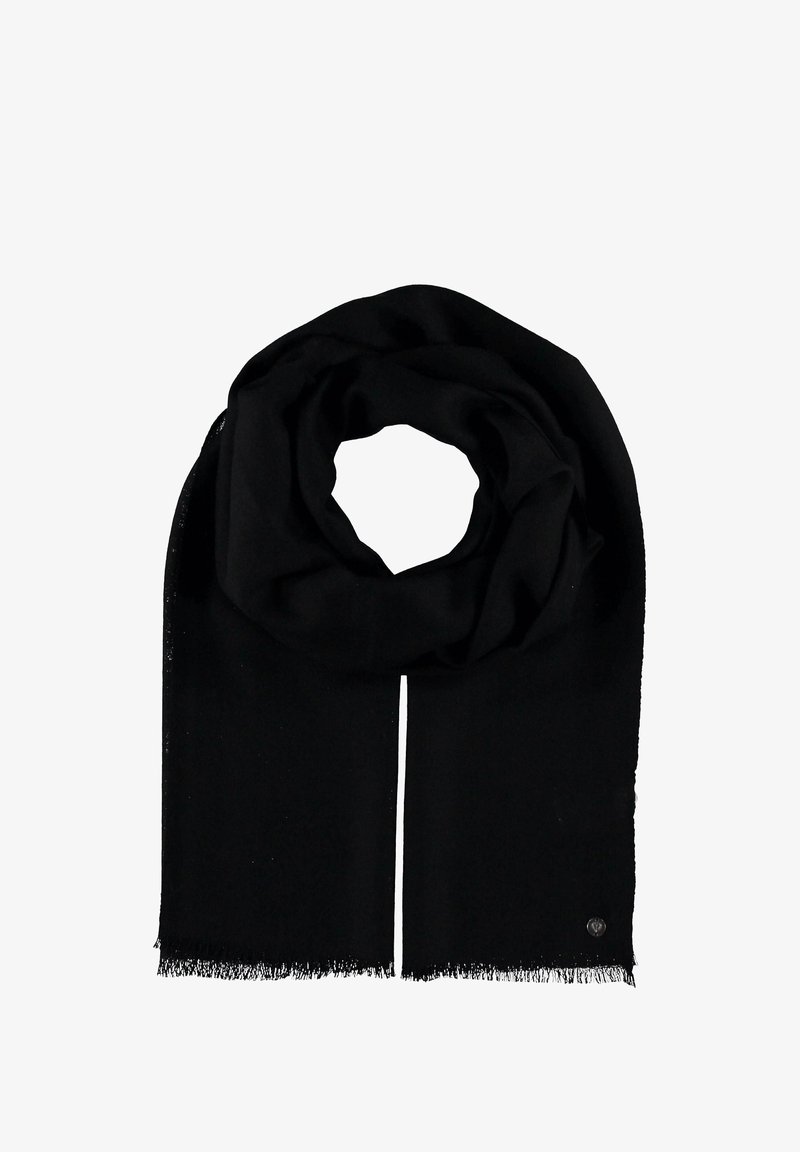 MustHave mustrikangast õrnast kangast must sall, millel on ühtlane värv, flöödid servades ja väike logode detail. Sall on ristkülikukujuline.