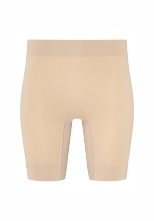 Naadloze beige compressieshorts met een hoge tailleband en een lengte tot halverwege de dij, ontworpen voor een soepele pasvorm en ondersteuning.