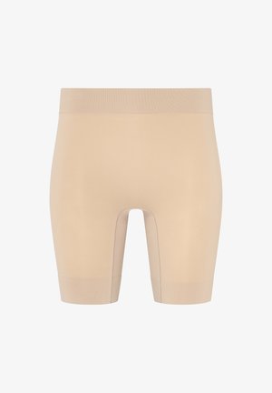 Naadloze beige compressieshorts met een hoge tailleband en een lengte tot halverwege de dij, ontworpen voor een soepele pasvorm en ondersteuning.