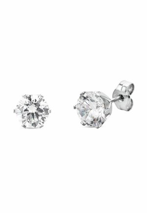 Runde, klare Diamant-Ohrstecker mit silberfarbener Metallfassung und Design mit vier Krappen; polierte Oberfläche mit sichtbaren Facetten.