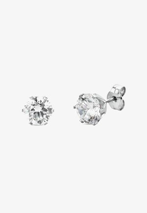 Orecchini a bottone in diamante tondo e trasparente con montatura in metallo argento e design a quattro griffe; finitura lucida con faccette visibili.