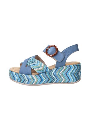 Blauwe sleehak sandaal met zigzagpatroon op de zool, verstelbare band met ronde bruine gesp en kruisende voorveters.