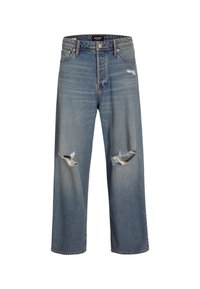 Jeans in denim azzurro chiaro con vestibilità rilassata, dotati di due strappi alle ginocchia usurati, una cintura robusta e design a cinque tasche.