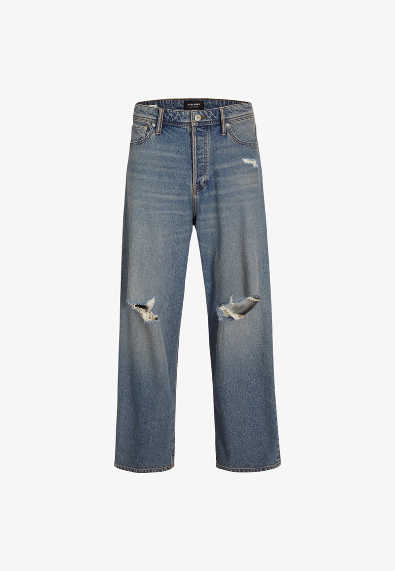 Jeans in denim azzurro chiaro con vestibilità rilassata, dotati di due strappi alle ginocchia usurati, una cintura robusta e design a cinque tasche.