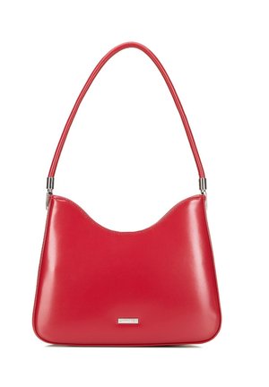 Rote Leder-Schultertasche mit abgerundetem oberen Rand und einem einzelnen Träger, mit einer kleinen rechteckigen Metallmarke auf der Vorderseite.