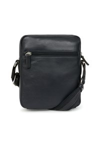 Borsa a tracolla in pelle nera con finitura texturizzata, forma quadrata, tasca frontale con zip, e tracolla regolabile con un accento blu.