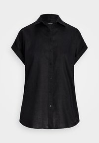 Black short-sleeve linen shirt with a button-up front, collar, and rolled cuffs. Soft texture and a relaxed fit design.