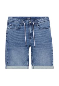 Pantalones cortos de mezclilla de color azul claro con un ligero desgastado. Presentan una cintura con cordón, puños enrollados y cinco bolsillos. Incluyen herrajes de botón de metal.