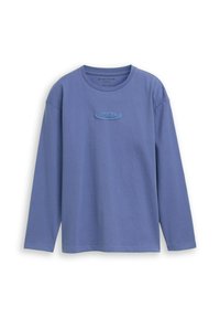 Langarm, ronde hals T-shirt van lichtblauwe stof met een textuur logo patch in het midden. Zachte textuur, recht gesneden ontwerp.