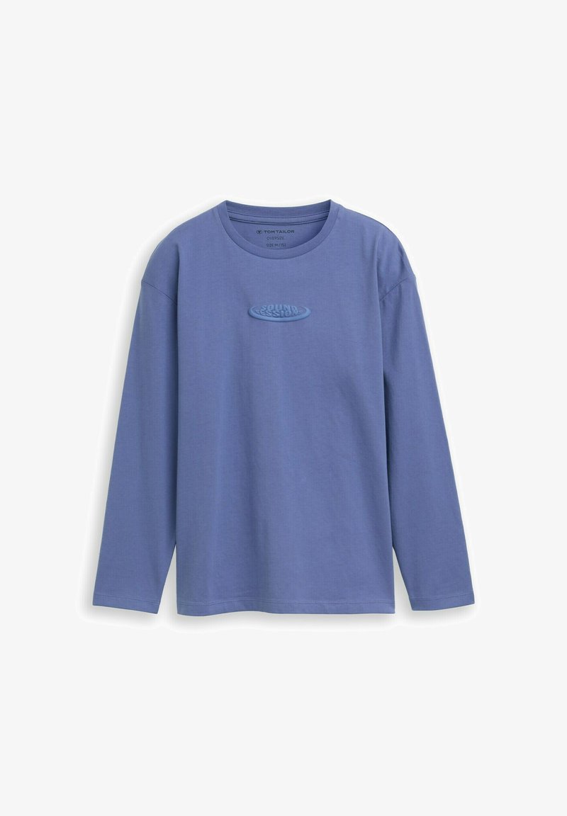 Dugih rukava, majica s okruglim izrezom od svijetlop Plave tkanine s teksturiranom logotipom na sredini. Mekana tekstura, ravnog kroja.